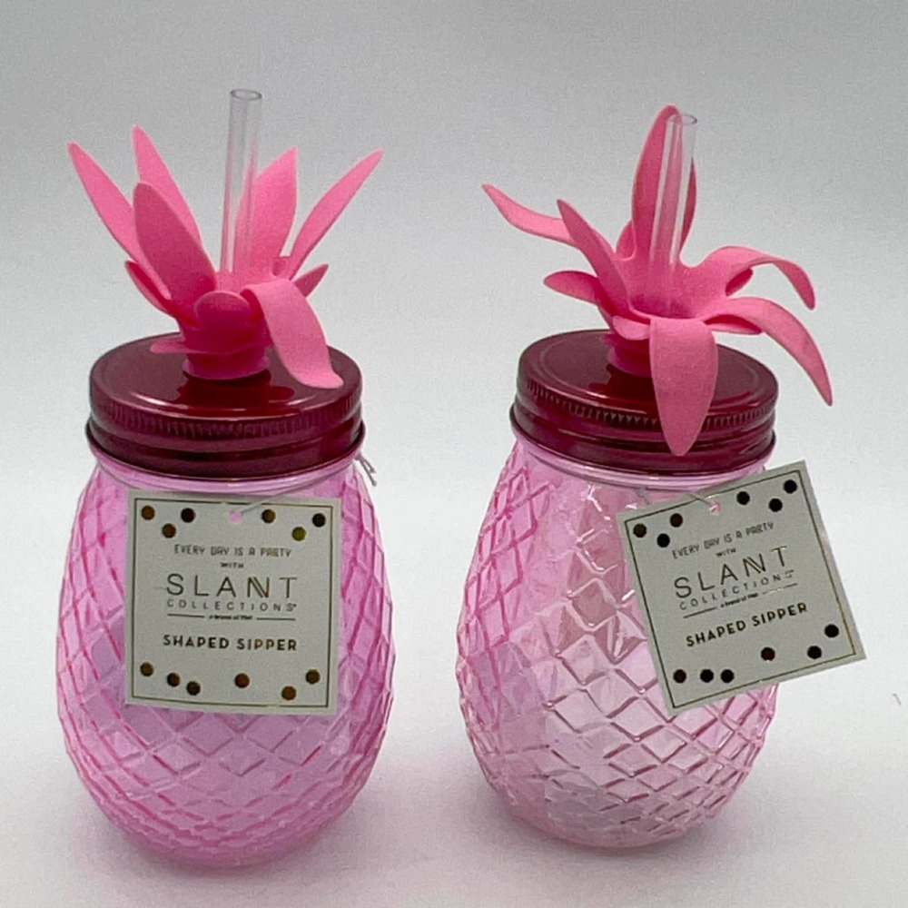 Slant Collections Pink Pineapple Shaped Sipper Glass 16oz‎ Set of 2 with Straws